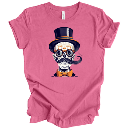 Pink halloween t-shirt with a skull wearing a top hat, glasses, and bow tie.