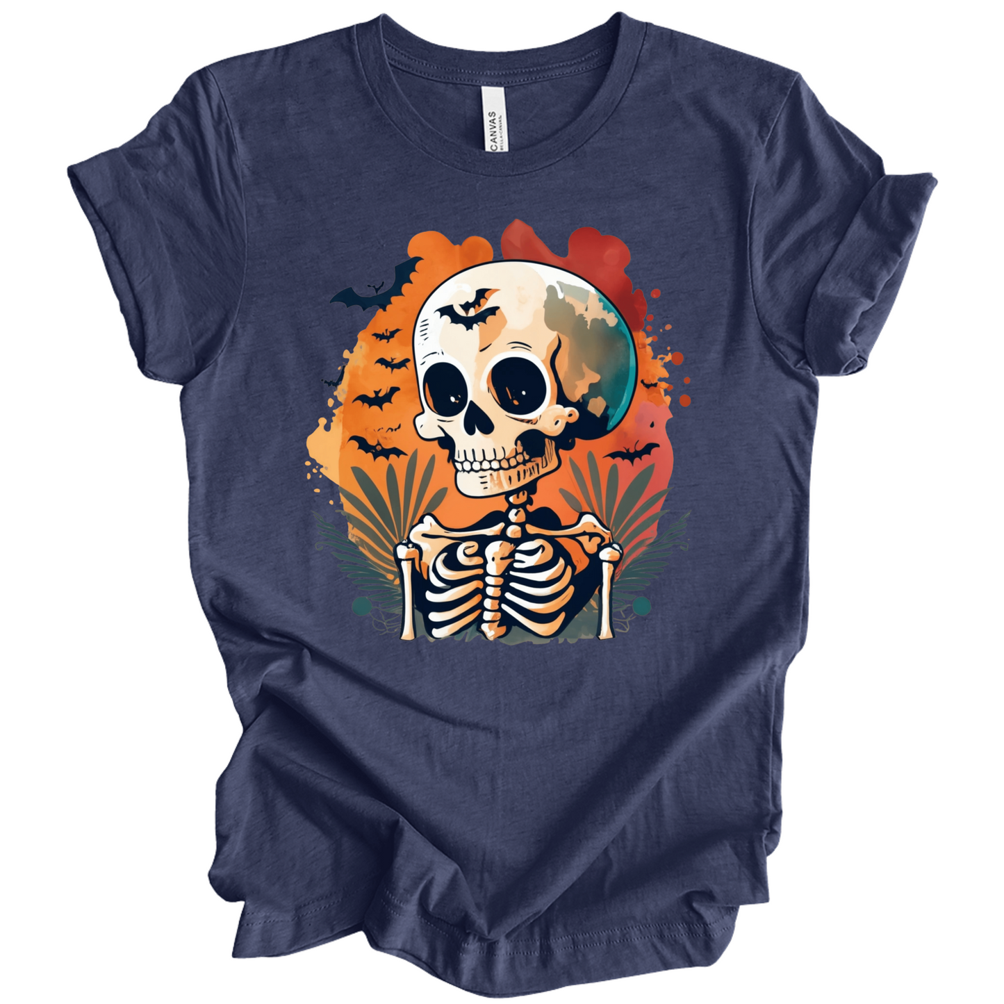Navy blue t-shirt with a Halloween-themed design featuring a skeleton and skull surrounded with bats.
