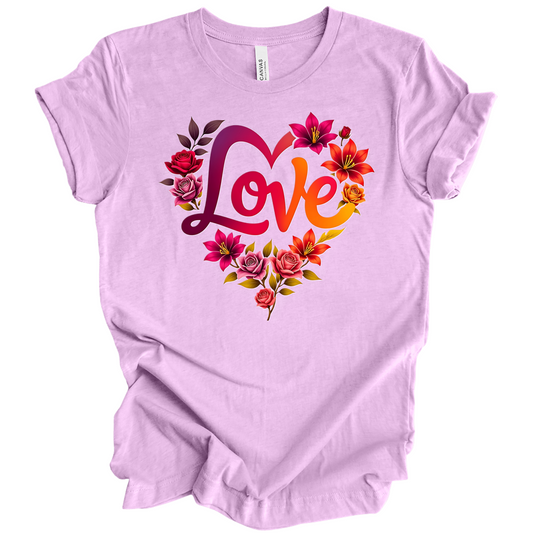 Heather Prism Lilac colour valentines day t-shirt with the a design of 'Love' wording and surrounded floral design, front printed.
