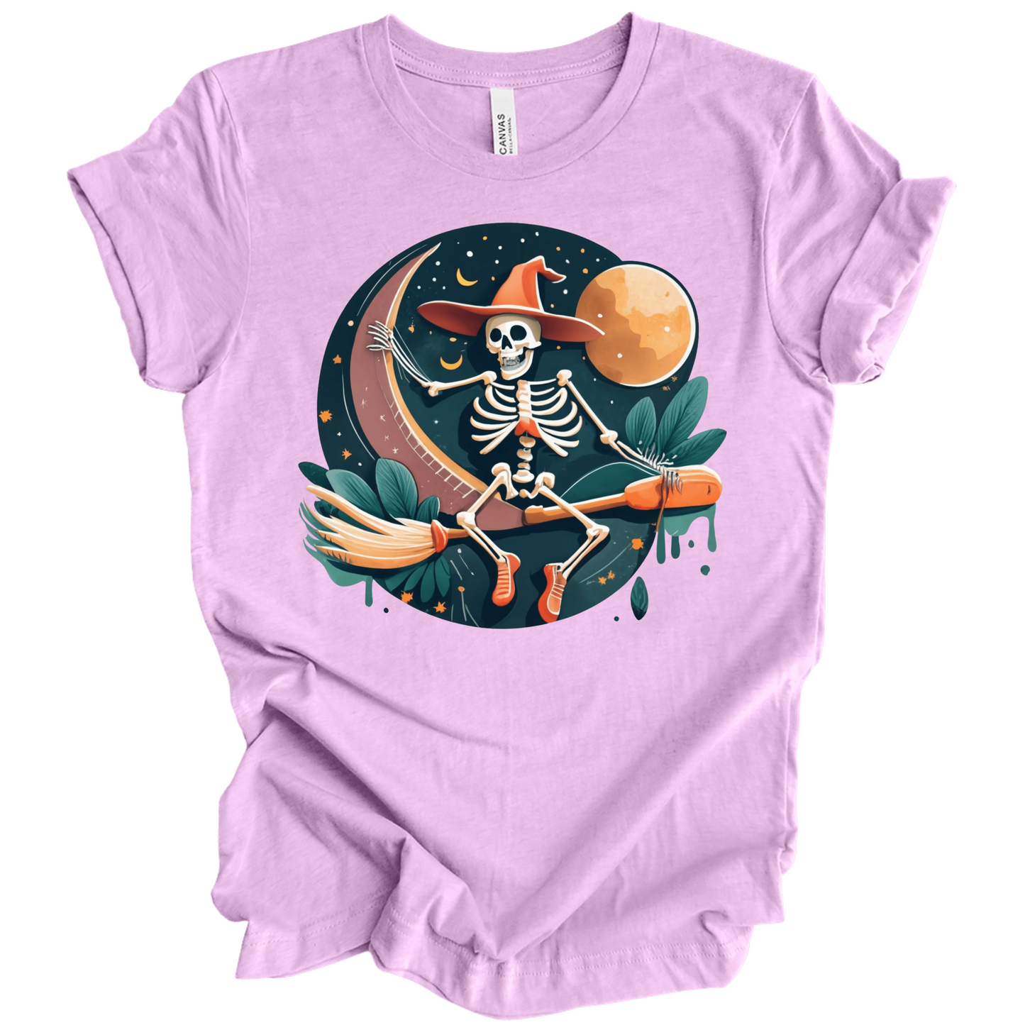 Purple halloween t-shirt with a skeleton on a broomstick wearing a witch hat in the night time.