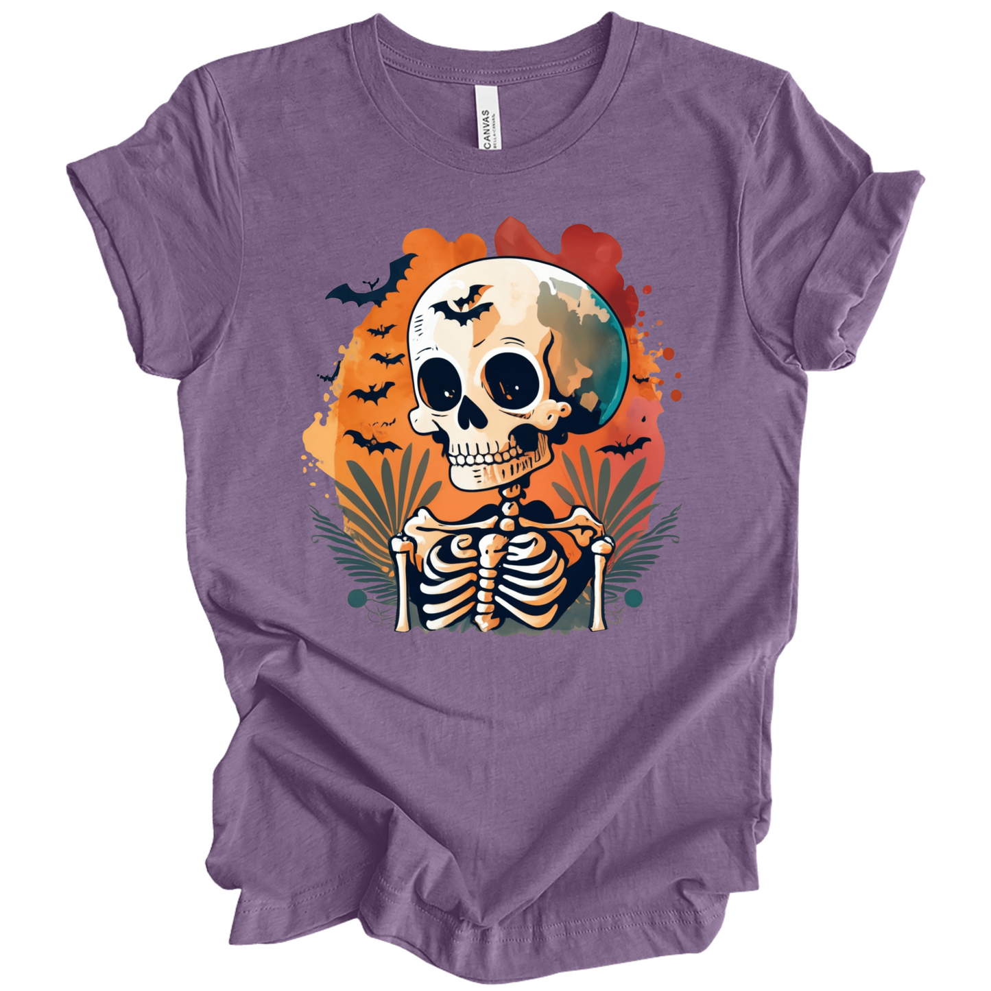 Purple t-shirt with a Halloween-themed design featuring a skeleton and skull surrounded with bats.