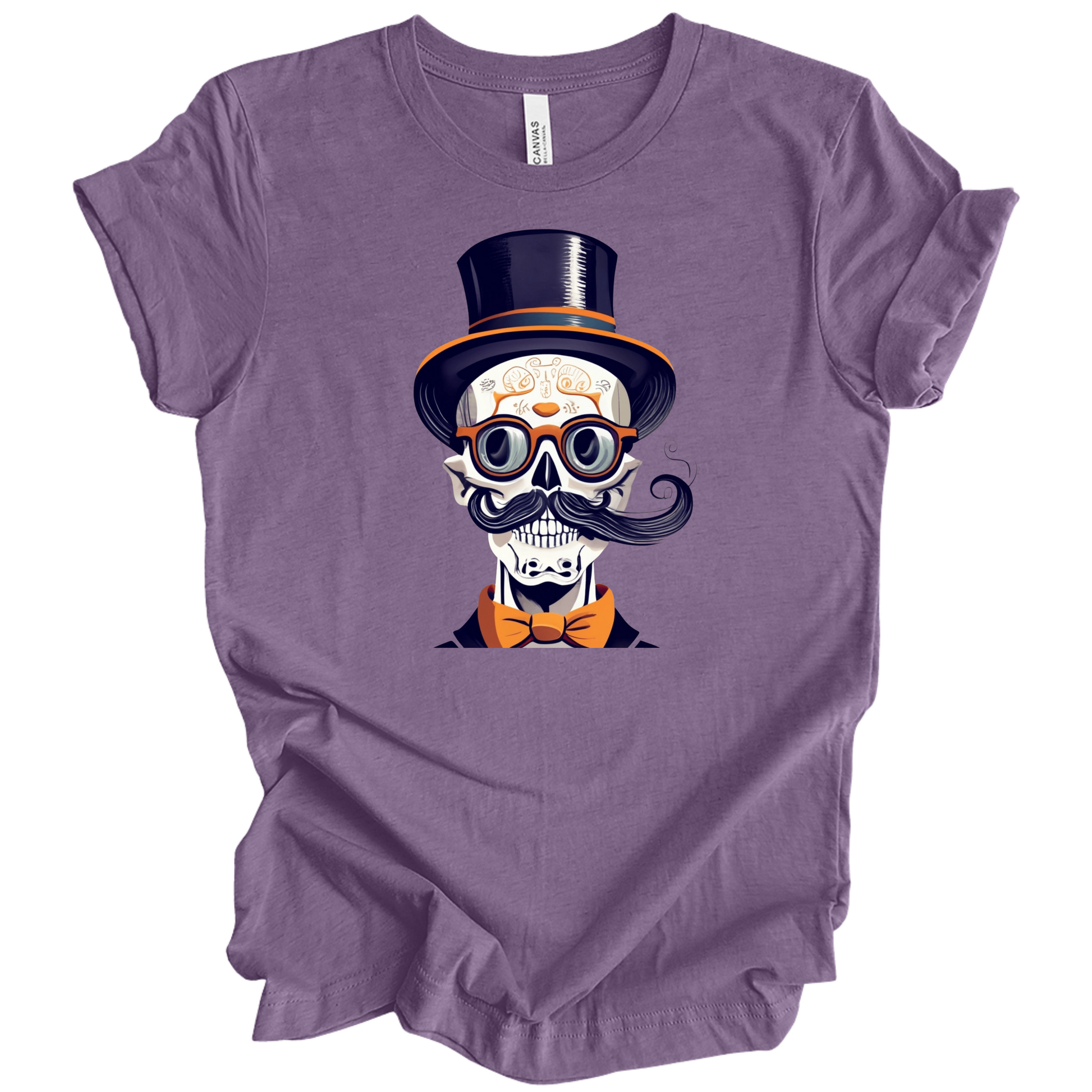 Purple halloween t-shirt with a skull wearing a top hat, glasses, and bow tie.