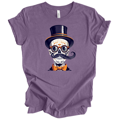 Purple halloween t-shirt with a skull wearing a top hat, glasses, and bow tie.