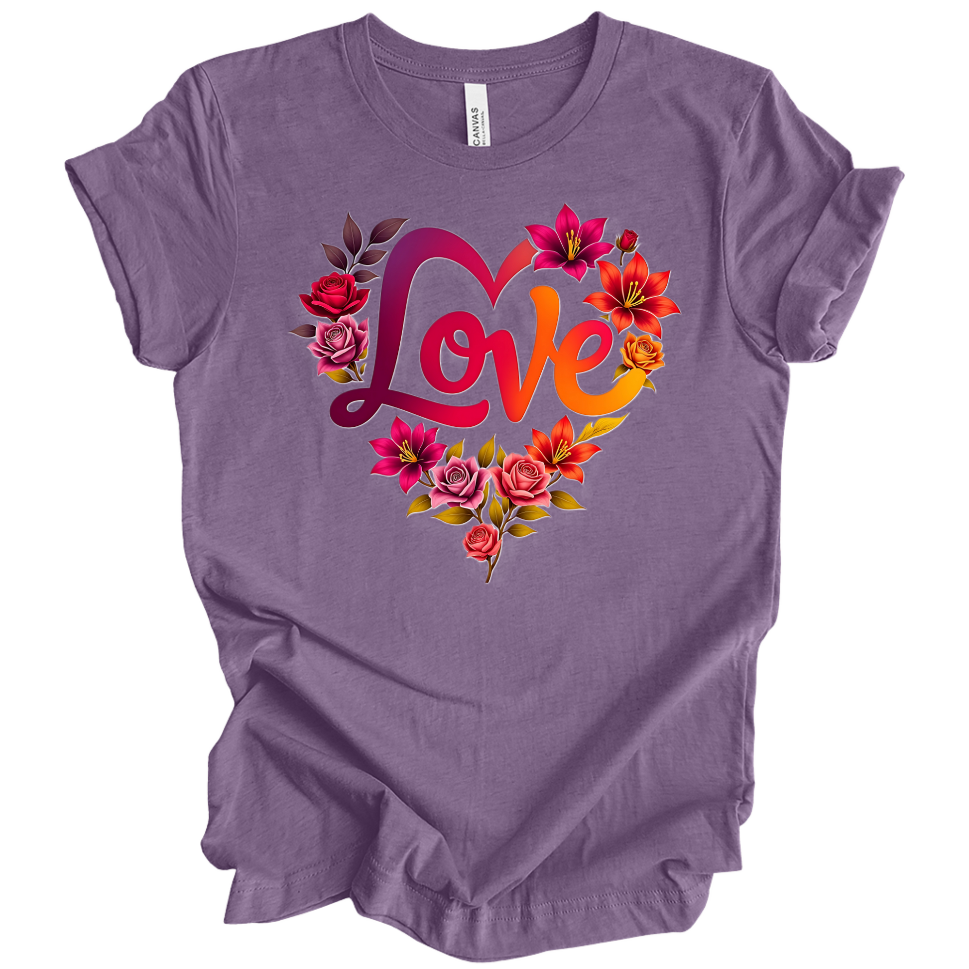 Heather Purple colour valentines day t-shirt with the a design of 'Love' wording and surrounded floral design, front printed.
