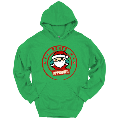 Green Christmas hoodie with a Santa Claus graphic and 'Approved' text.