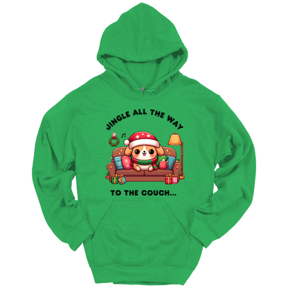 Green hoodie with Christmas-themed design of a dog on a couch and text 'Jingle all the way to the couch'.