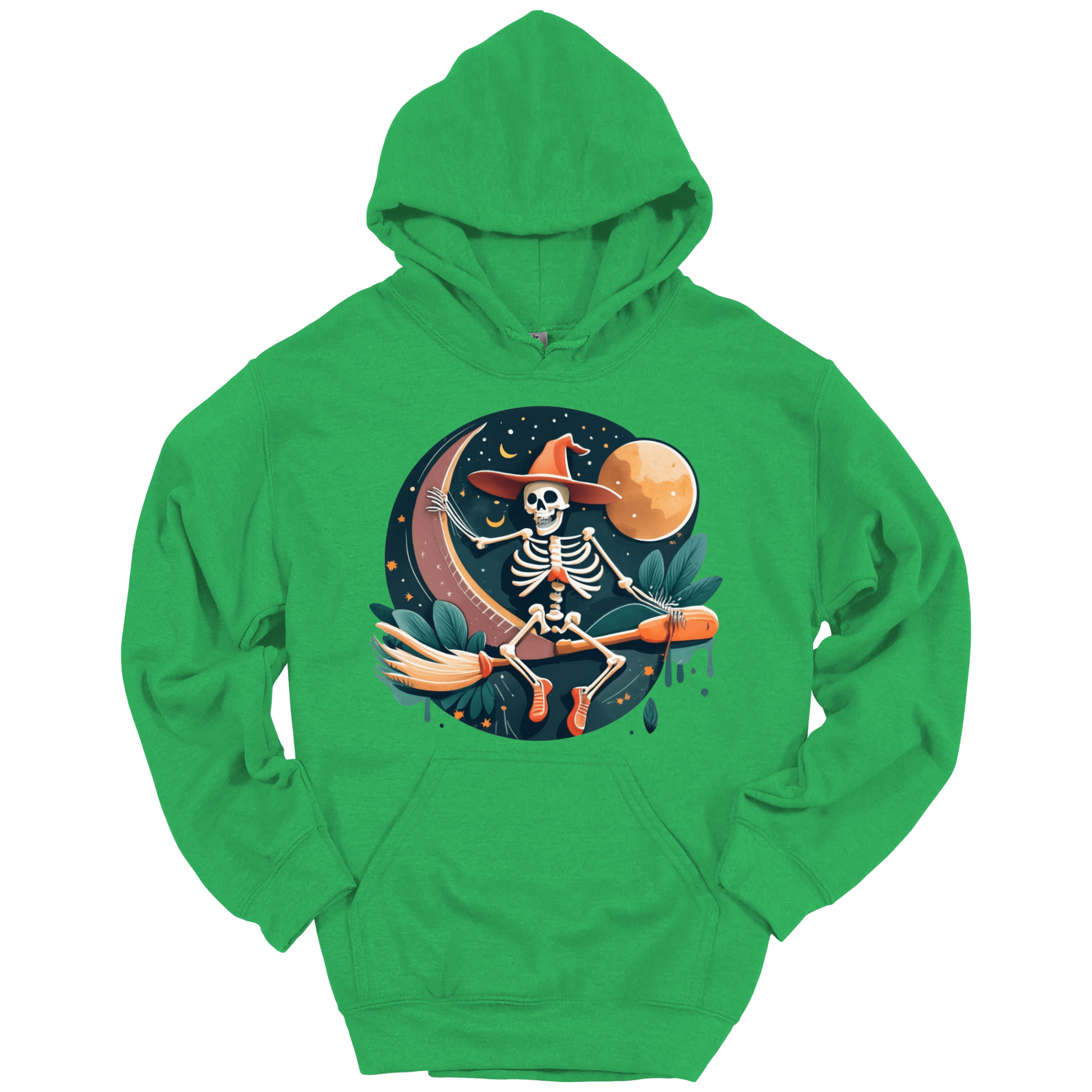 Green halloween hoodie with a skeleton on a broomstick wearing a witch hat in the night time.