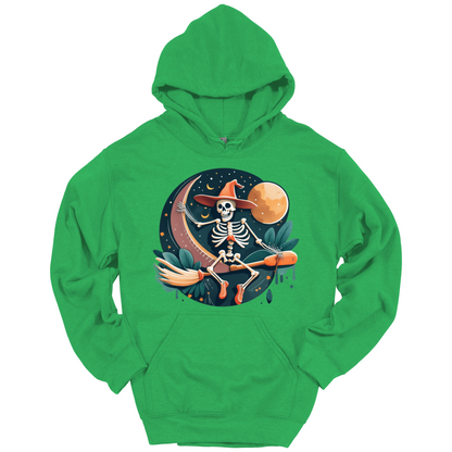 Green halloween hoodie with a skeleton on a broomstick wearing a witch hat in the night time.