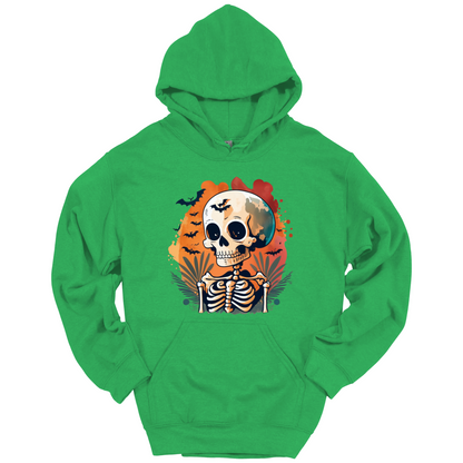 Green hoodie with a Halloween-themed design featuring a skull and skeleton surrounded with bats.