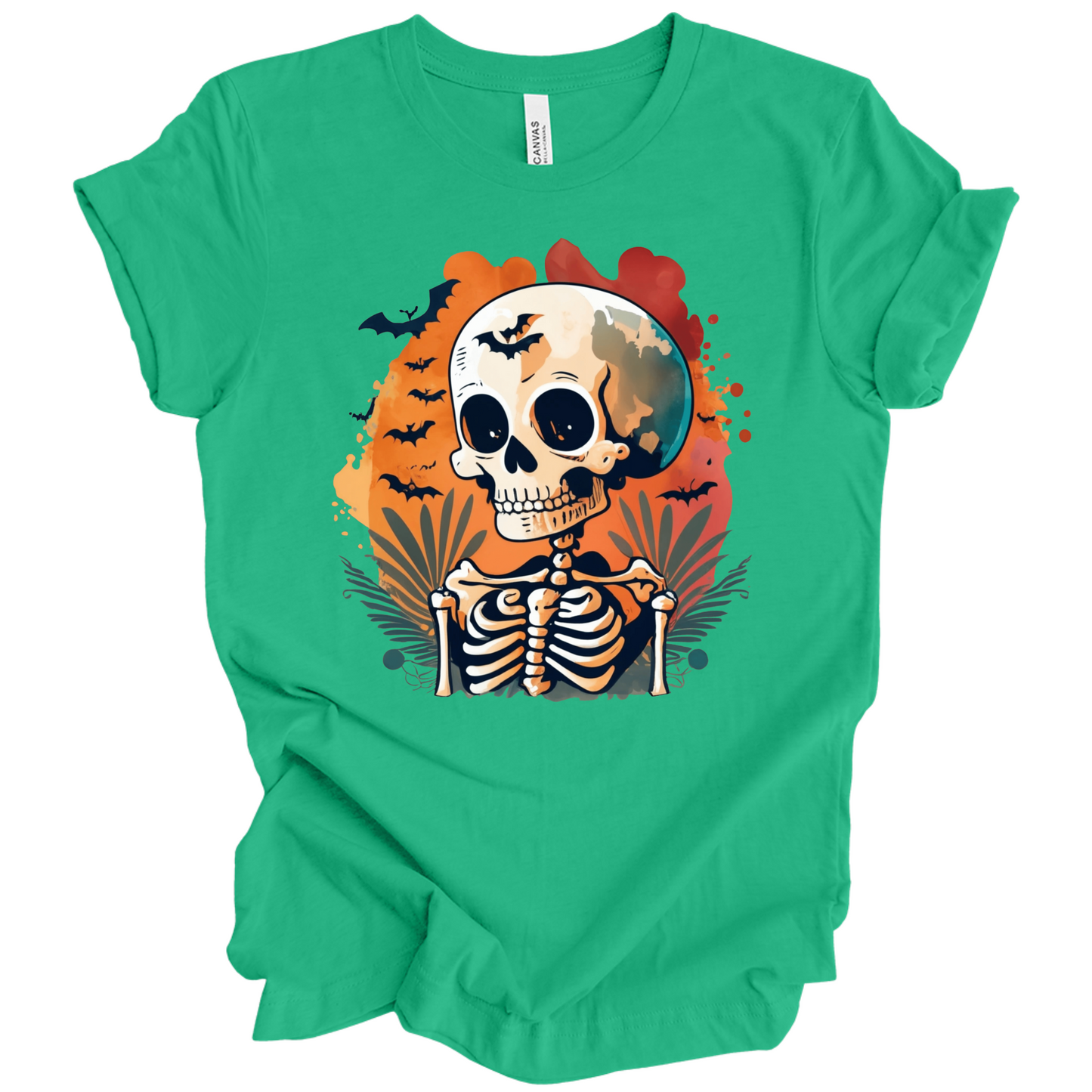 Green t-shirt with a Halloween-themed design featuring a skeleton and skull surrounded with bats.