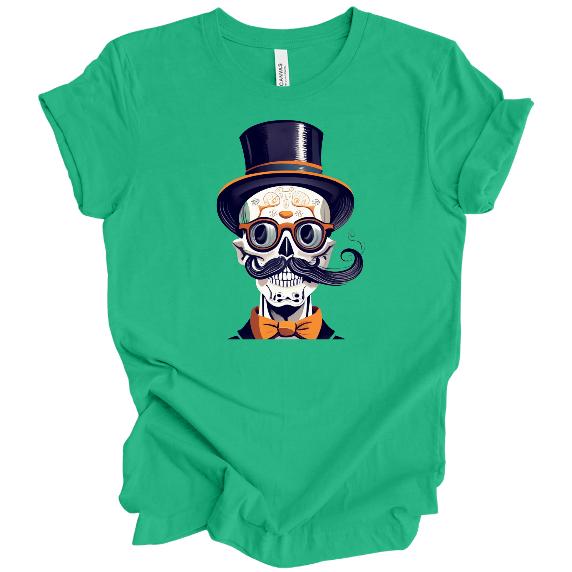 Green halloween t-shirt with a skull wearing a top hat, glasses, and bow tie.