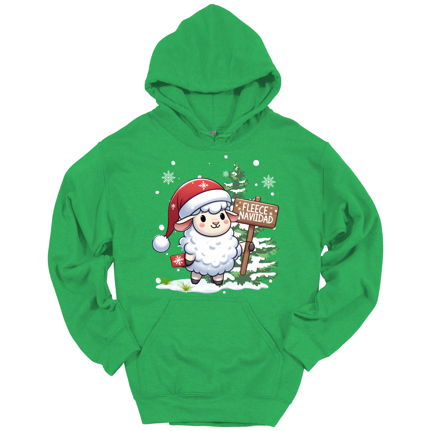Green Christmas hoodie with a Christmas-themed design featuring a sheep in a Santa hat and a sign.