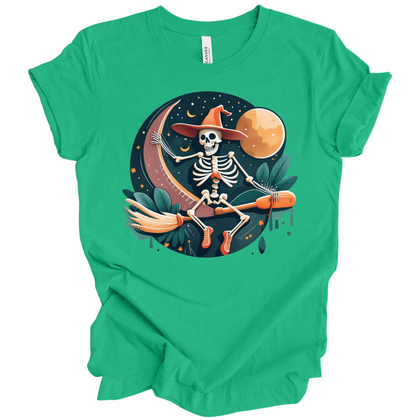 Green halloween t-shirt with a skeleton on a broomstick wearing a witch hat in the night time.
