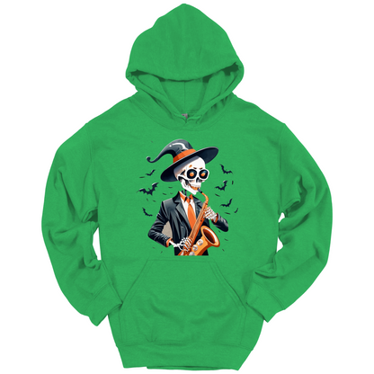 Green halloween hoodie with a skeleton playing a saxophone and wearing a witch hat, surrounded by bats.
