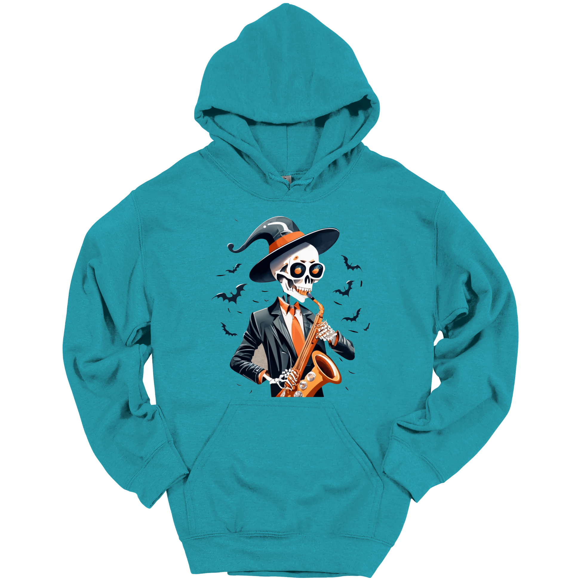 Teal halloween hoodie with a skeleton playing a saxophone and wearing a witch hat, surrounded by bats.