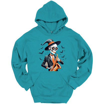 Teal halloween hoodie with a skeleton playing a saxophone and wearing a witch hat, surrounded by bats.