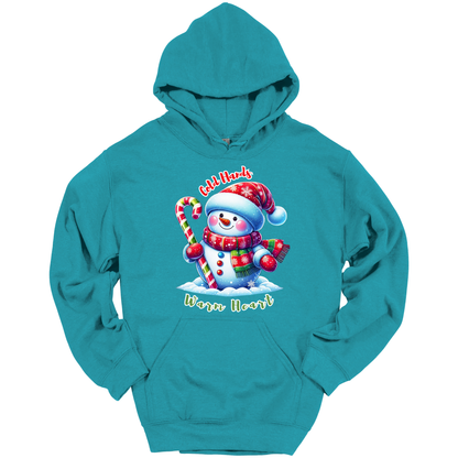 Teal Christmas hoodie with a snowman graphic with a text "Cold Hands Warm Hearts"