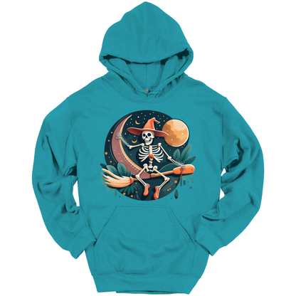 Teal halloween hoodie with a skeleton on a broomstick wearing a witch hat in the night time.