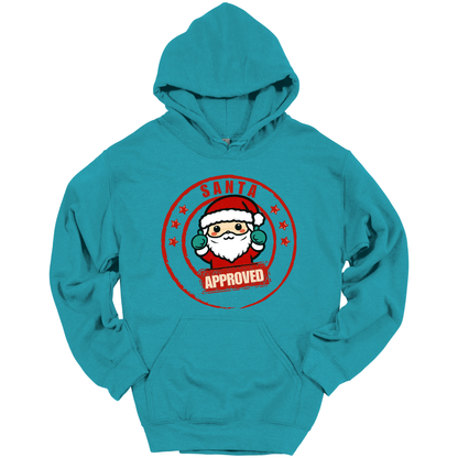 Teal Christmas hoodie with a Santa Claus graphic and 'Approved' text.
