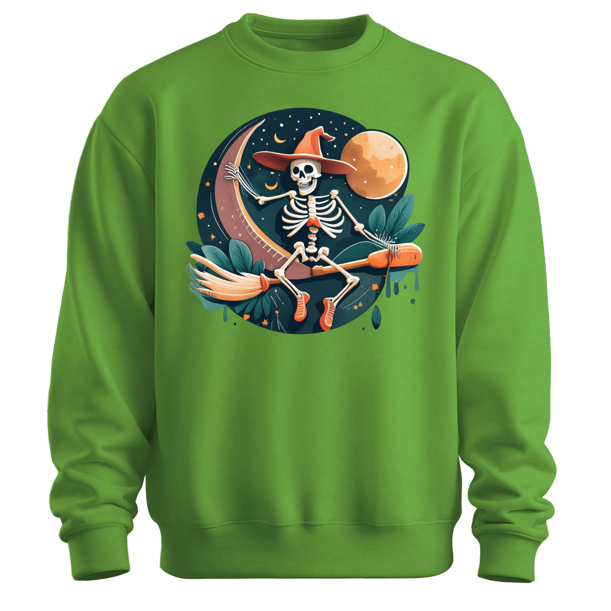 Green halloween sweatshirt with a skeleton on a broomstick wearing a witch hat in the night time.