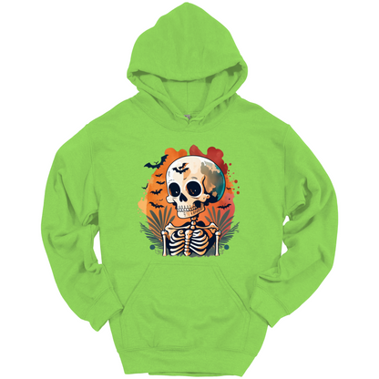 Green hoodie with a Halloween-themed design featuring a skull and skeleton surrounded with bats.