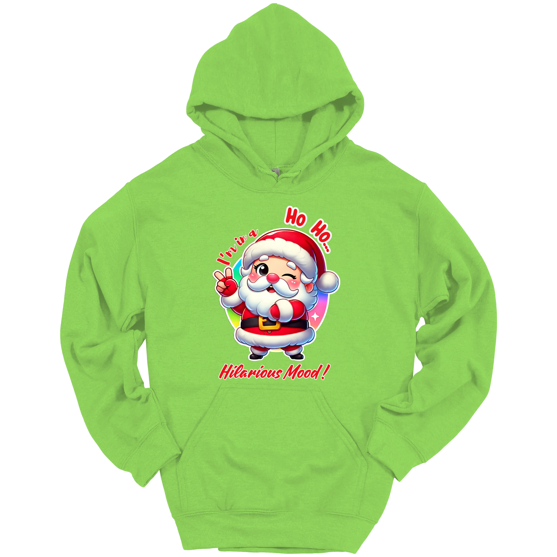 Green Christmas hoodie with a cartoon Santa Claus design