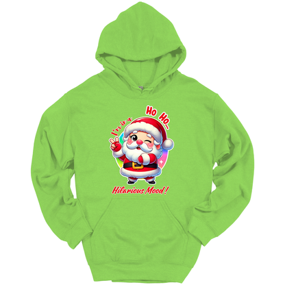 Green Christmas hoodie with a cartoon Santa Claus design
