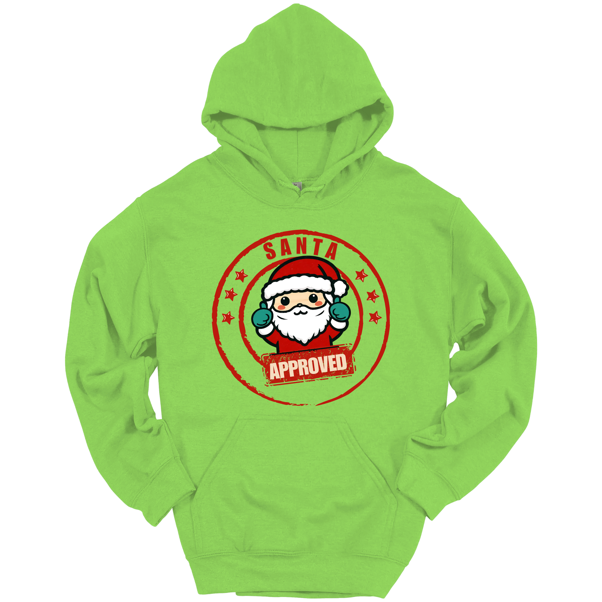 Green Christmas hoodie with a Santa Claus graphic and 'Approved' text.