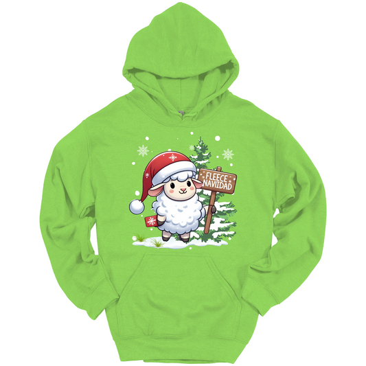 Green Christmas hoodie with a Christmas-themed design featuring a sheep in a Santa hat and a sign.
