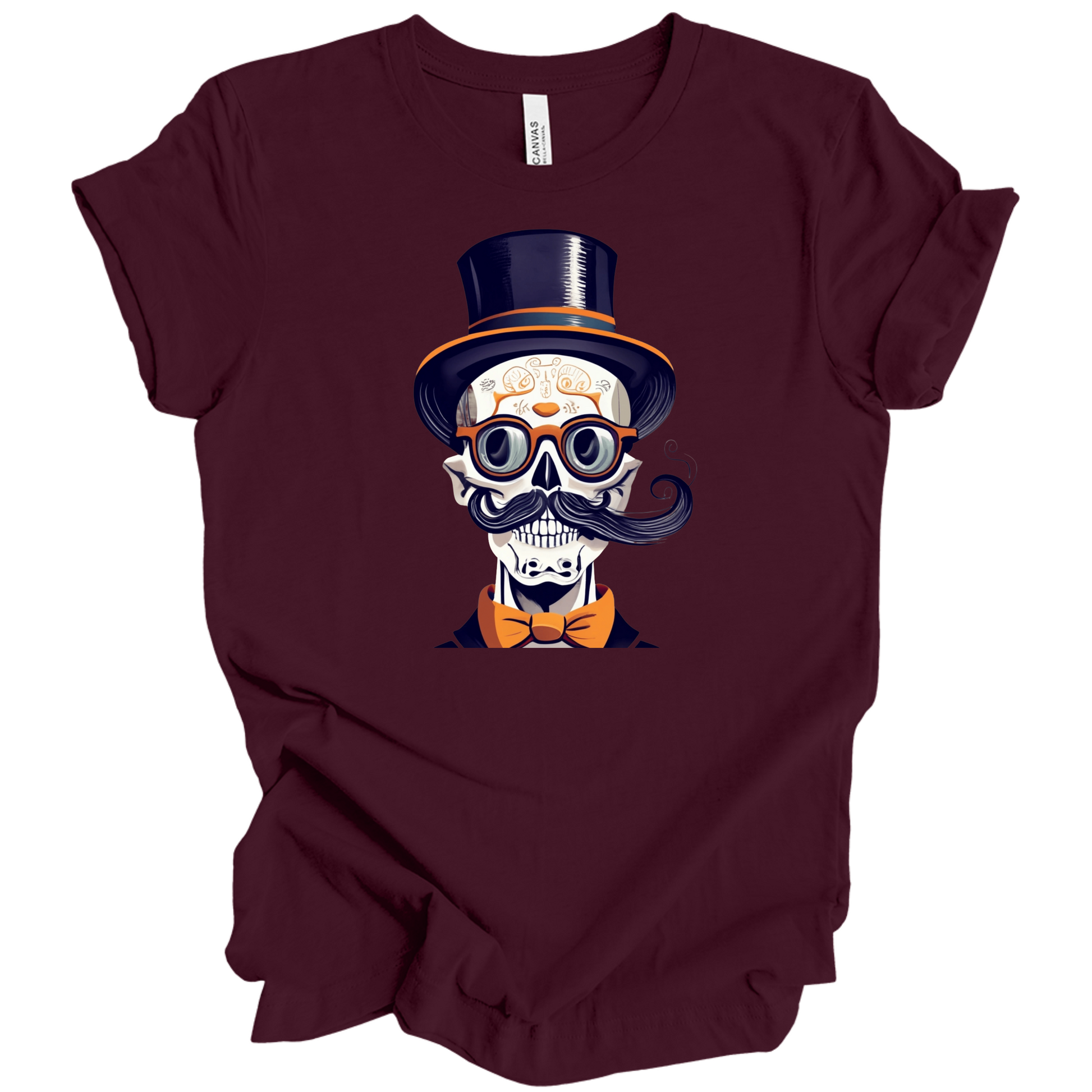 Maroon halloween t-shirt with a skull wearing a top hat, glasses, and bow tie.