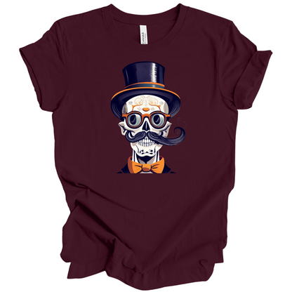 Maroon halloween t-shirt with a skull wearing a top hat, glasses, and bow tie.