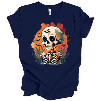 Navy blue t-shirt with a Halloween-themed design featuring a skeleton and skull surrounded with bats.