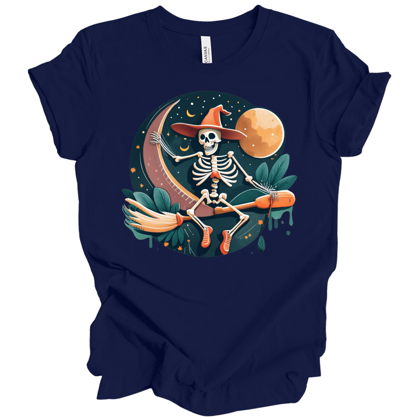 Navy blue halloween t-shirt with a skeleton on a broomstick wearing a witch hat in the night time.
