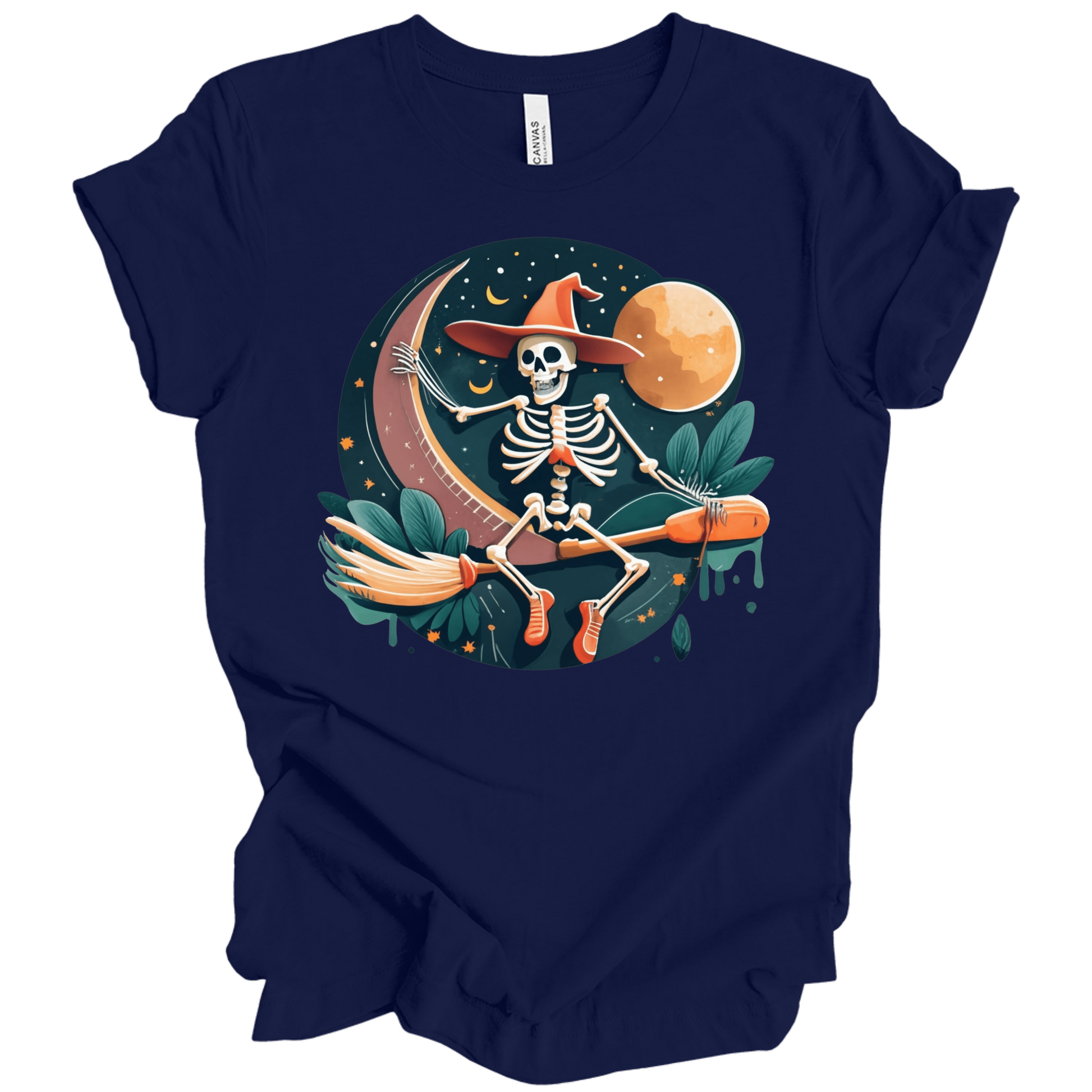 Navy blue halloween t-shirt with a skeleton on a broomstick wearing a witch hat in the night time.