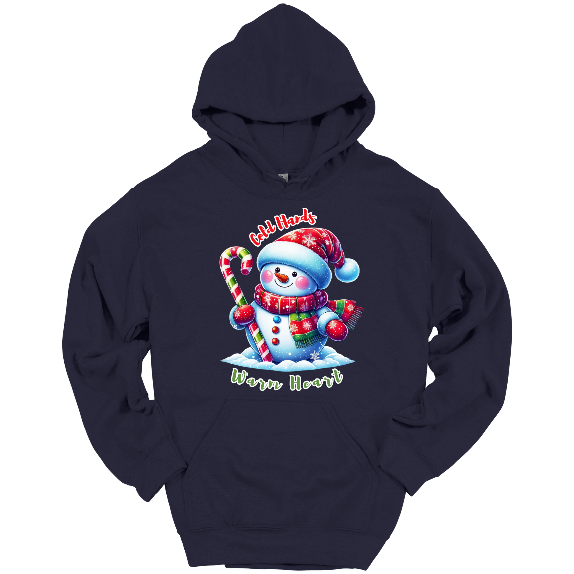 Navy blue Christmas hoodie with a snowman graphic with a text "Cold Hands Warm Hearts"