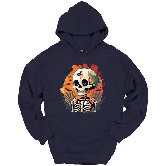 Navy blue hoodie with a Halloween-themed design featuring a skull and skeleton surrounded with bats.
