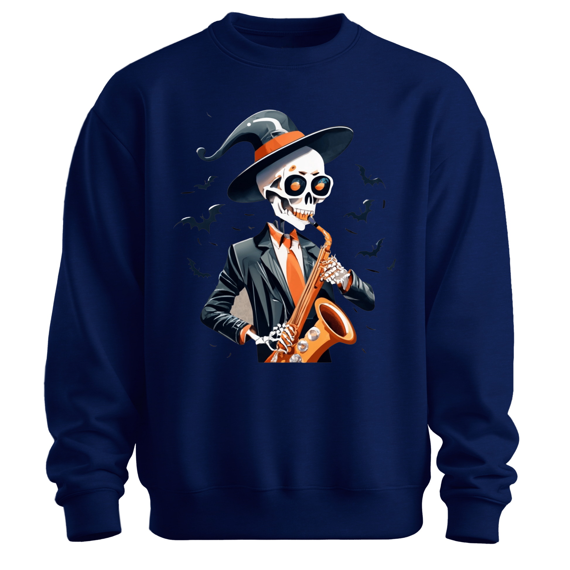 Navy blue halloween sweatshirt with a skeleton playing a saxophone and wearing a witch hat, surrounded by bats.