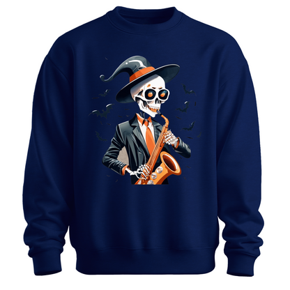 Navy blue halloween sweatshirt with a skeleton playing a saxophone and wearing a witch hat, surrounded by bats.