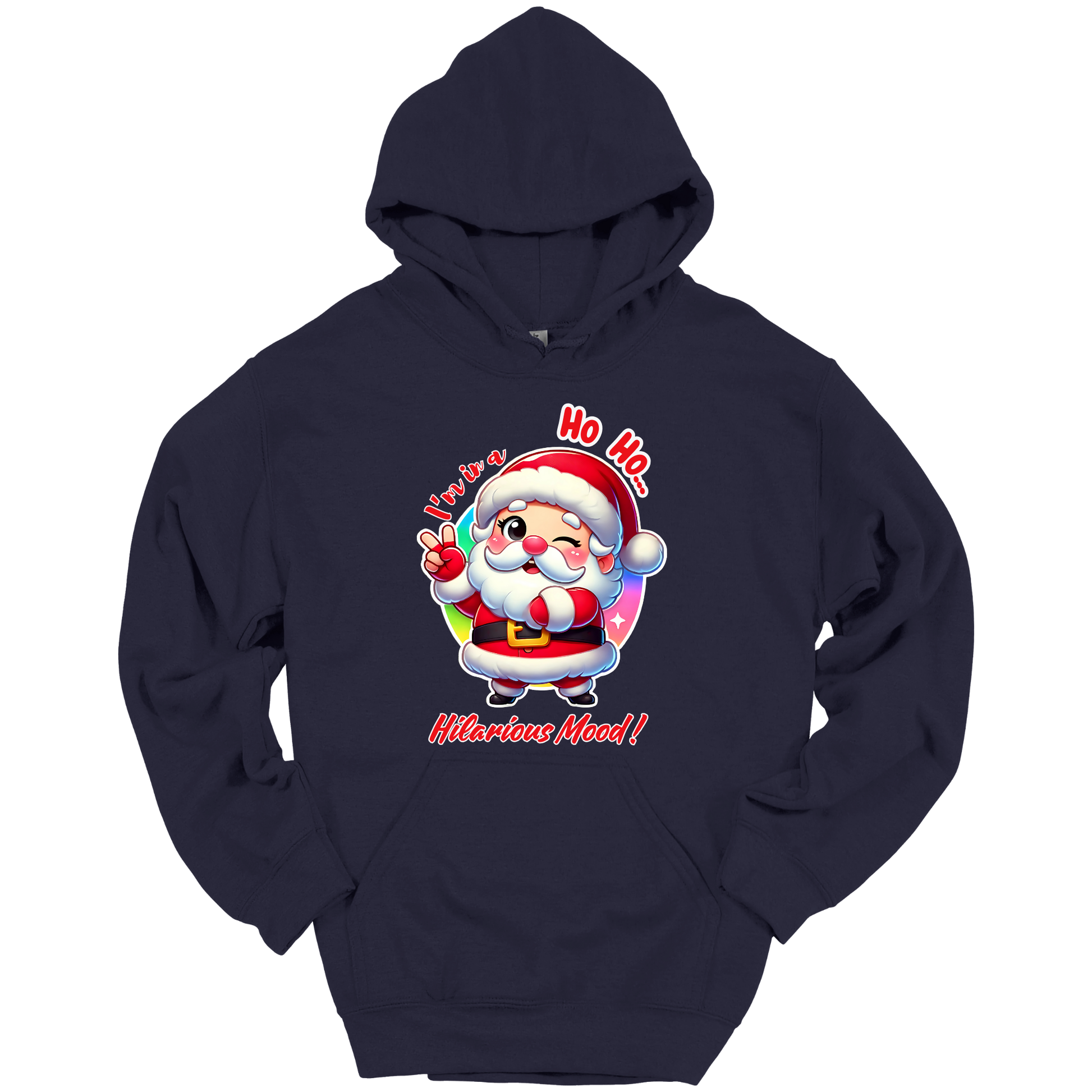 Navy blue Christmas hoodie with a cartoon Santa Claus design