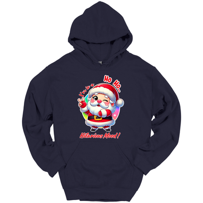 Navy blue Christmas hoodie with a cartoon Santa Claus design