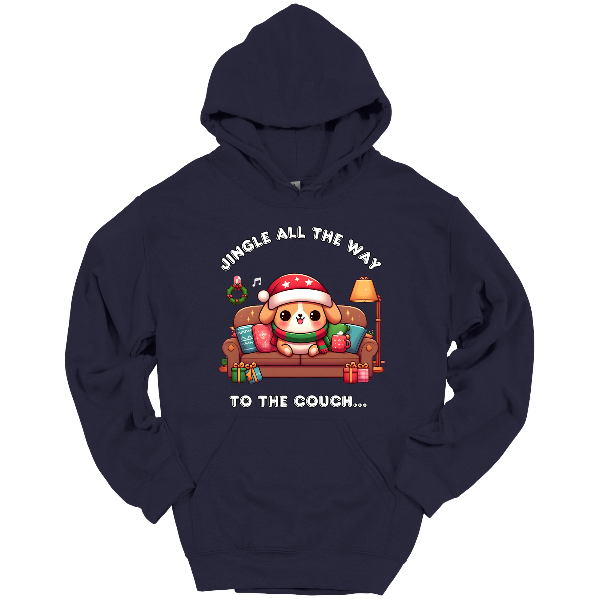 Navy blue hoodie with Christmas-themed design of a dog on a couch and text 'Jingle all the way to the couch'.