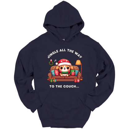 Navy blue hoodie with Christmas-themed design of a dog on a couch and text 'Jingle all the way to the couch'.