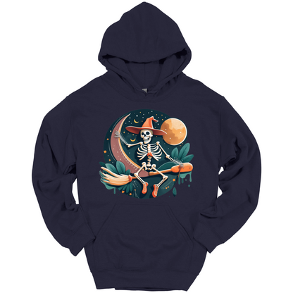 Navy blue halloween hoodie with a skeleton on a broomstick wearing a witch hat in the night time.