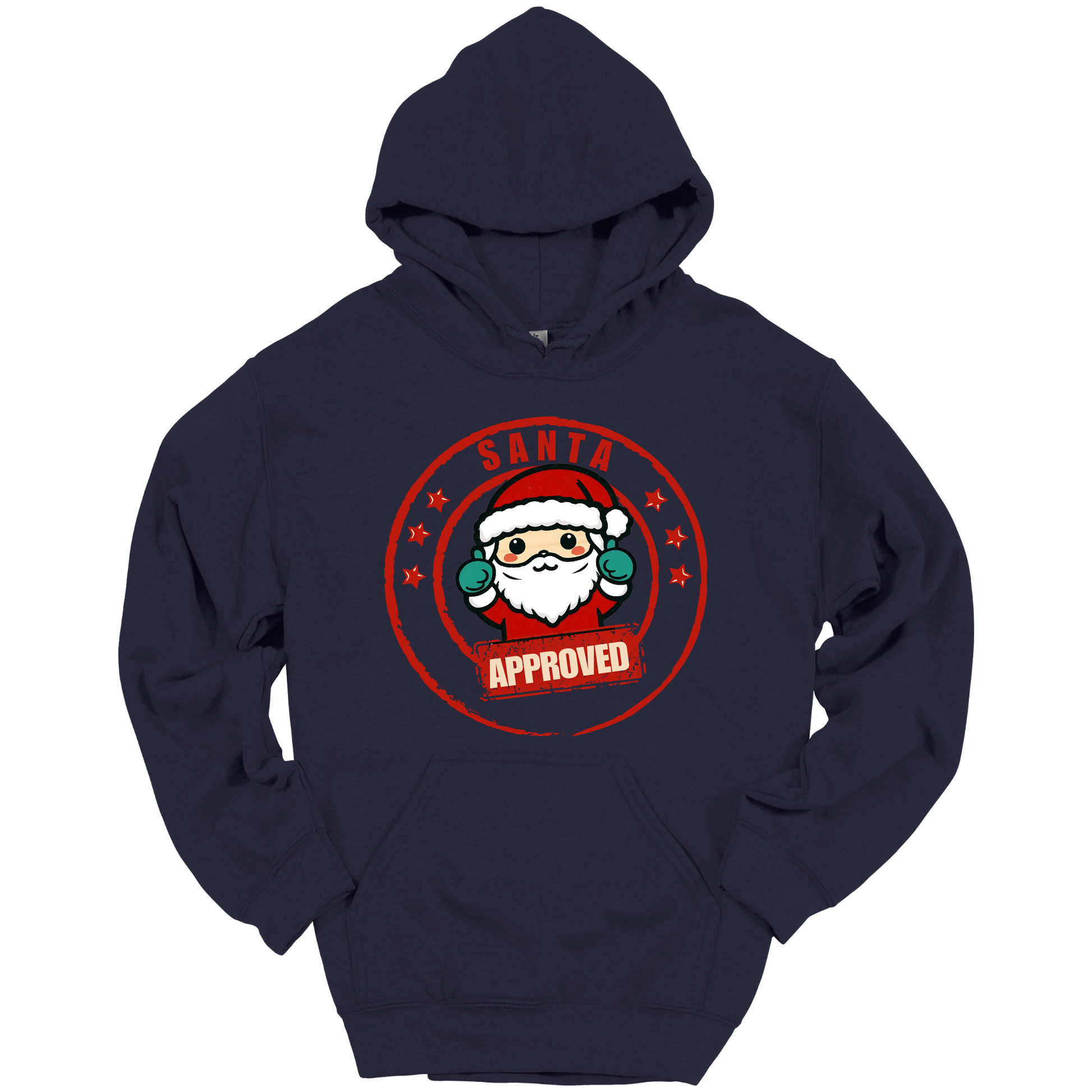 Navy blue Christmas hoodie with a Santa Claus graphic and 'Approved' text.