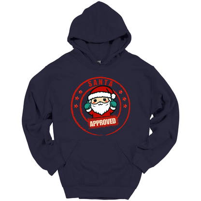 Navy blue Christmas hoodie with a Santa Claus graphic and 'Approved' text.