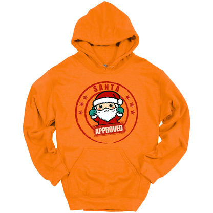 Orange Christmas hoodie with a Santa Claus graphic and 'Approved' text.