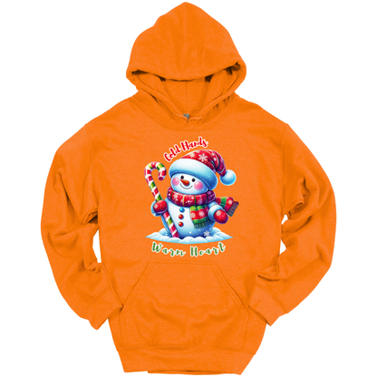 Orange Christmas hoodie with a snowman graphic with a text "Cold Hands Warm Hearts"
