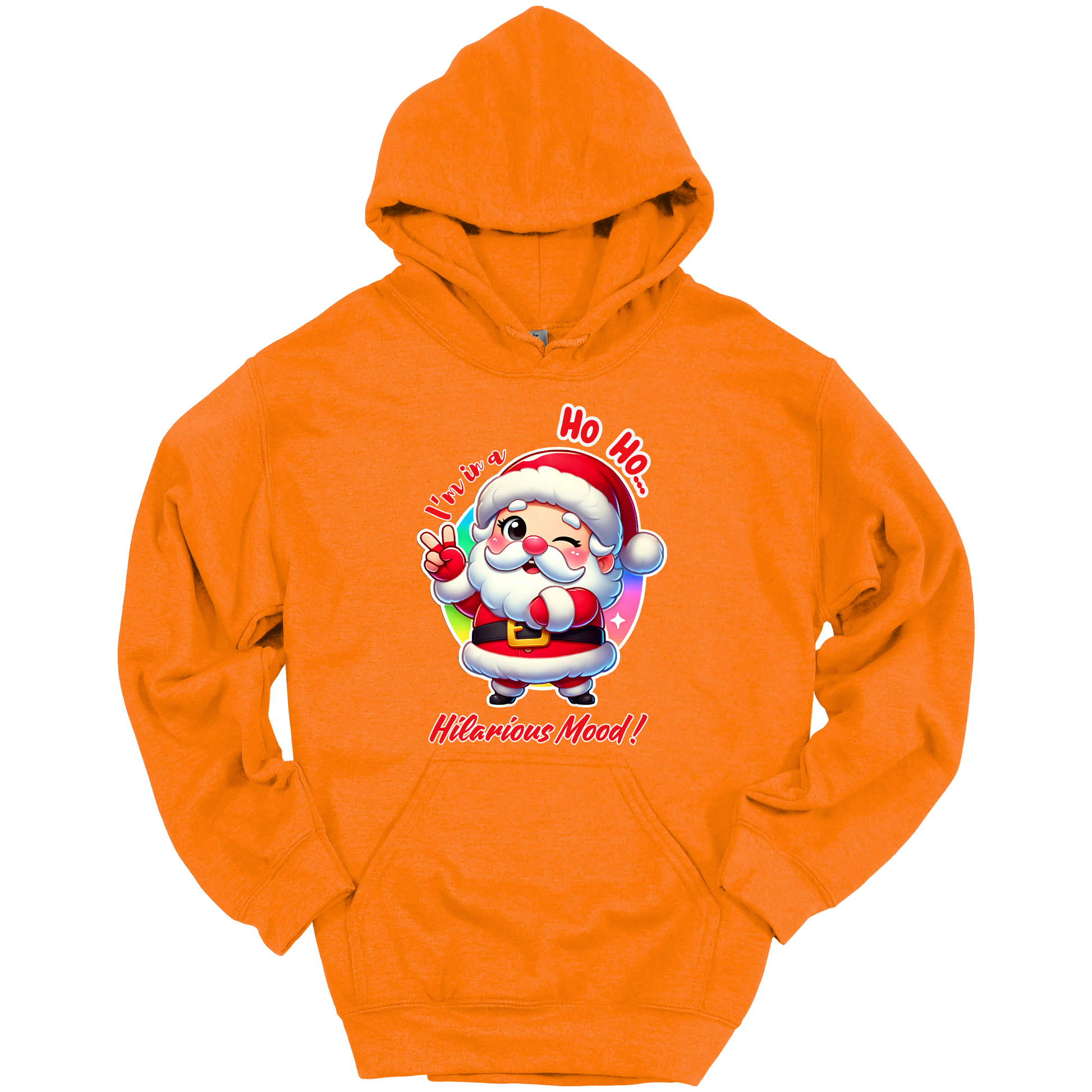 Orange Christmas hoodie with a cartoon Santa Claus design