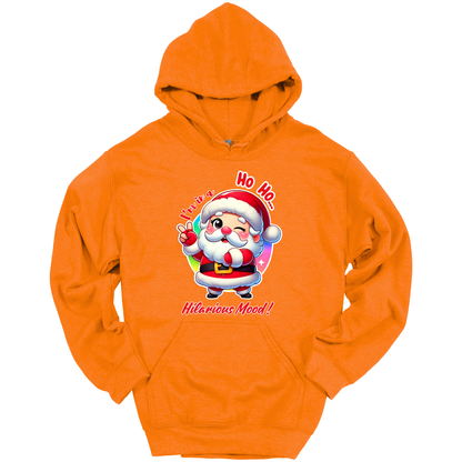 Orange Christmas hoodie with a cartoon Santa Claus design