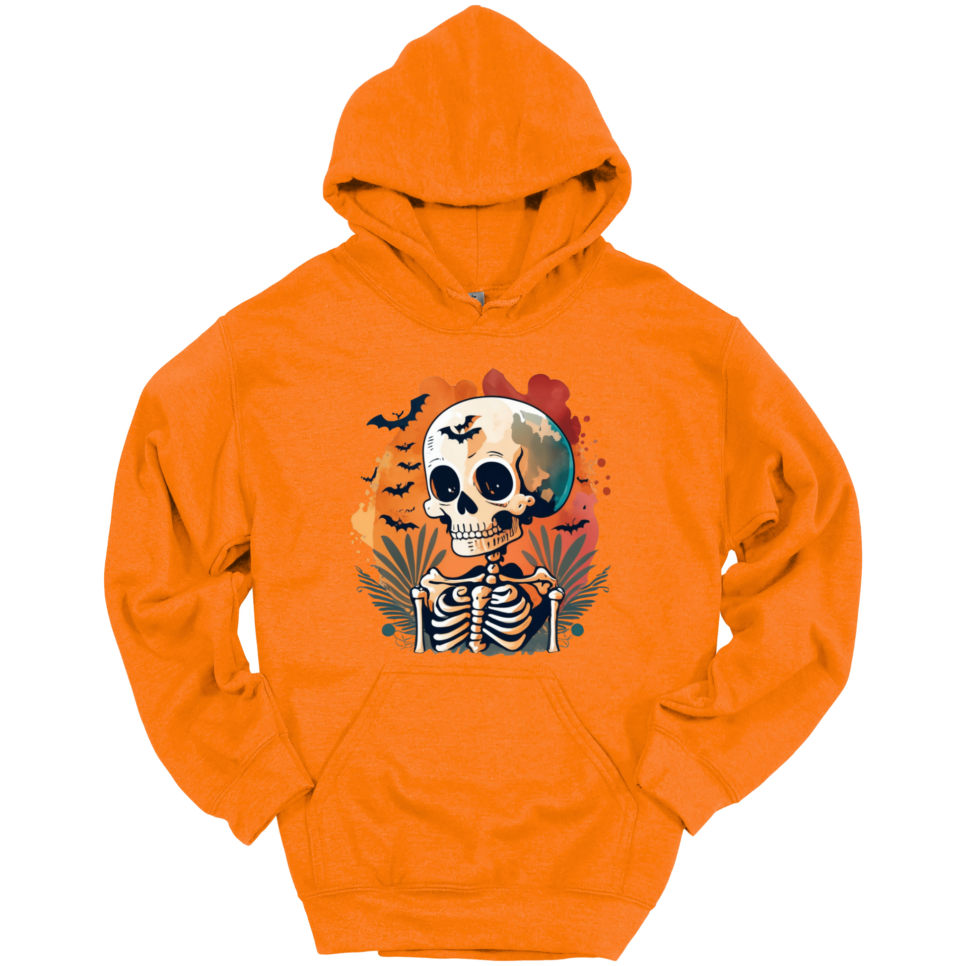 Orange hoodie with a Halloween-themed design featuring a skull and skeleton surrounded with bats.